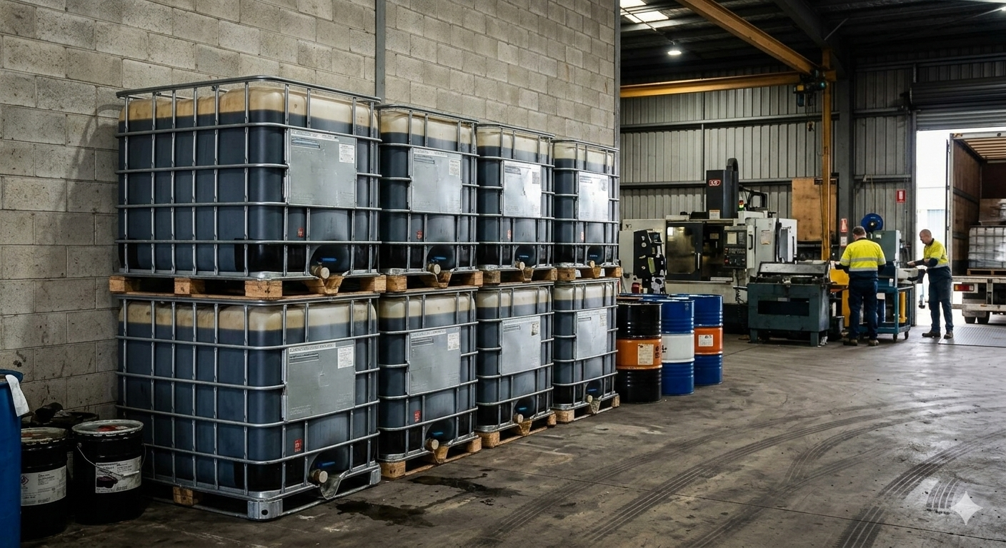 Stacked 1000L pods in a Brisbane manufacturing facility for waste oil collection.