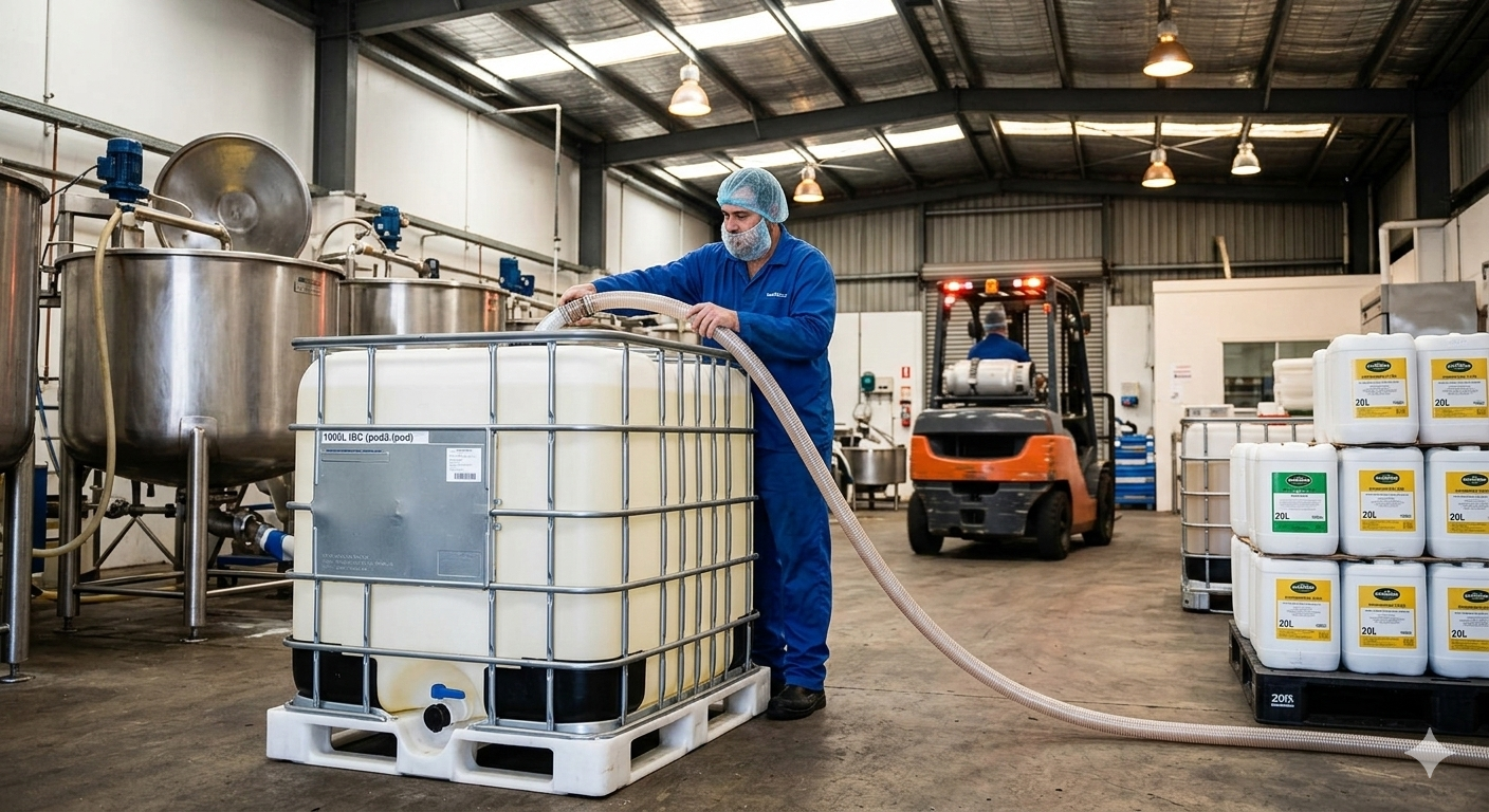 Food grade 1000L IBC tank suitable for bulk food-safe liquid storage in a Brisbane processing facility.